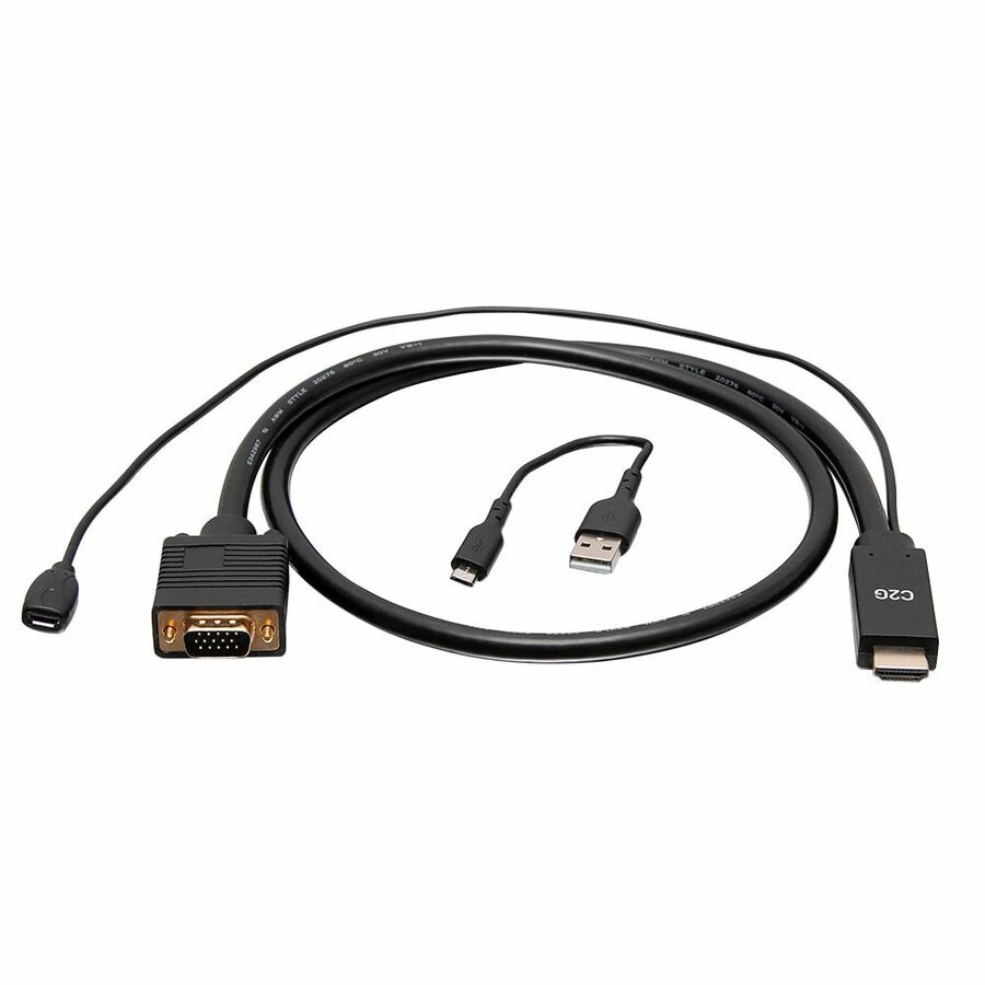 C2G 6ft HDMI to VGA Active Video Adapter Cable - USB Power - M/M - 6 ft HDMI/Micro-USB/VGA Video/Power Cable for Video Device, Desktop Computer, Chromebook, Notebook, Monitor, Projector - First End: 1 x 15-pin HD-15 - Male - Second End: 1 x HDMI Type A Digital Audio/Video - Male, 1 x Micro USB 2.0 Type B - Female - 4.9 Gbit/s - Supports up to 1920 x 1080 - Gold, Nickel Plated Connector - 28/30 AWG - Black