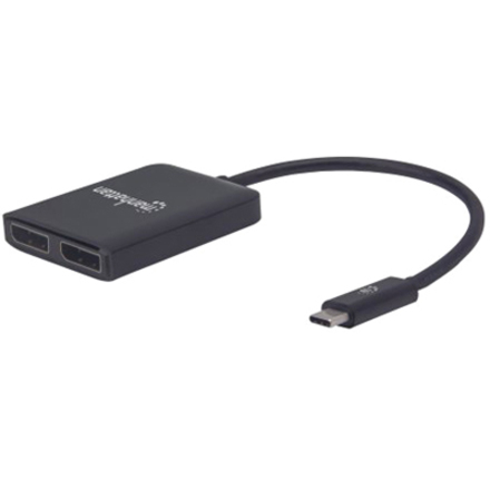 Manhattan USB-C to Dual DisplayPort 1.2 Adapter Cable, 4K@30Hz, 19.5cm, Male to Females, USB-C to 2x DisplayPorts, MST Hub, Mirror, Black, Three Year Warranty, Blister