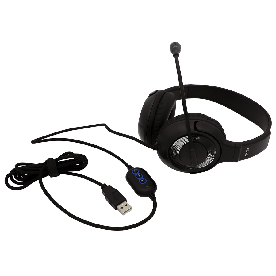 Avid AE-55 USB Headset - Stereo - USB 2.0, USB Type A - Wired - 20 Hz to 20 kHz - Over-the-head - Binaural - Circumaural - 6 ft Cable - Uni-directional, Noise Cancelling, Bi-directional Microphone - Noise Canceling - Black Silver