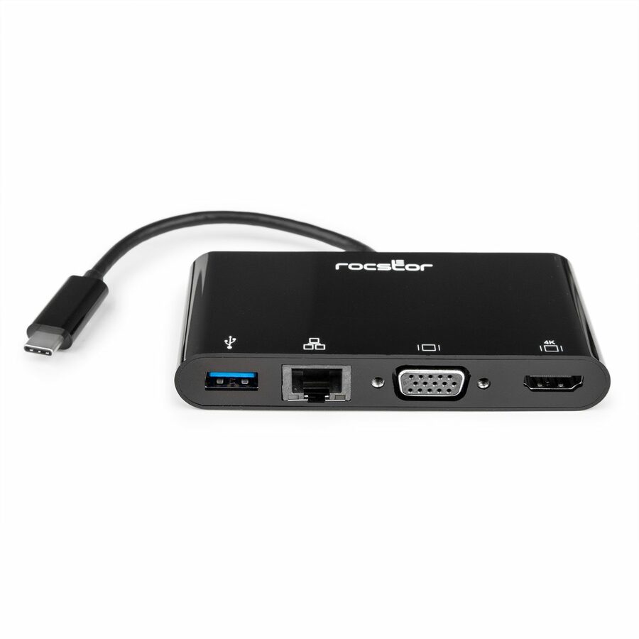 Rocstor Docking Station - for Notebook, Monitor - USB Type C - 4K, 2K, Full HD - 3840 x 2160, 1920 x 1080, 1920 x 1200 - 1 x USB 3.0 - USB Type-A - 1 x USB Type-C Ports - USB Type-C - 1 x RJ-45 Ports - Network (RJ-45) - 1 x HDMI Ports - HDMI - VGA - Black - Thunderbolt - Wired - Gigabit Ethernet - macOS, ChromeOS, Android, Windows, Linux - Portable