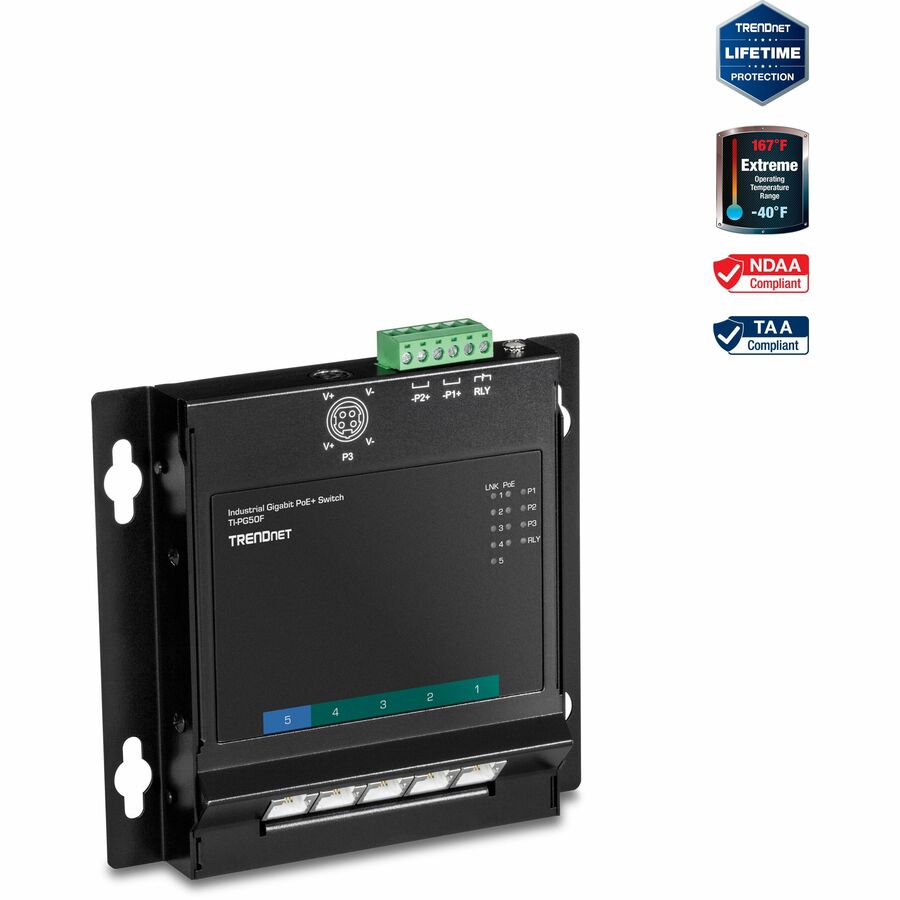 TRENDnet 5-Port Industrial Gigabit Poe+ Wall-Mounted Front Access Switch; 5X Gigabit Poe+ Ports; DIN-Rail Mount; 48 57V DC Power Input; IP30; 120W Poe Budget;Lifetime Protection; TI-PG50F
