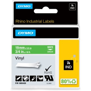 Dymo Colored 3/4" Vinyl Label Tape - 3/4" Width - Permanent Adhesive - Thermal Transfer - White, Green - Vinyl - Water Resistant - Self-adhesive, Oil Resistant, Chemical Resistant, Corrosion Resistant, Temperature Resistant - 1 Each