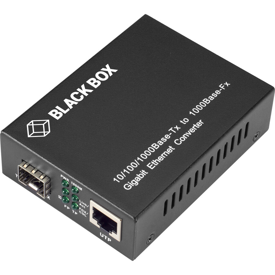 Black Box Pure Networking Transceiver/Media Converter - 1 x Network (RJ-45) - Single-mode, Multi-mode - Gigabit Ethernet - 10/100/1000Base-TX, 1000Base-FX - 0.10 km - 1 x Expansion Slots - SFP (mini-GBIC) - 1 x SFP Slots - Power Adapter - Standalone, Rack-mountable