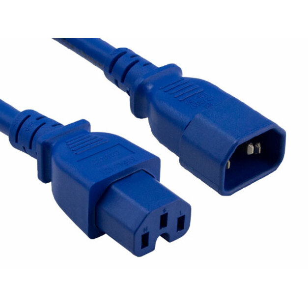 ENET C14 to C15 3ft Blue Power Extension Cord 14 AWG 15A NEMA IEC-320 C14 to NEMA IEC-320 C15 Blue 3'