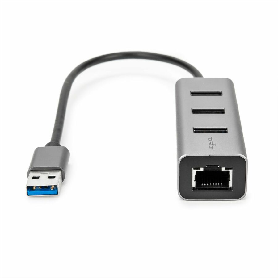 Rocstor Premium 3 Port Portable USB 3.0 Hub with Gigabit Ethernet 10/100/1000- External Portable 3 Port USB Hub with GbE Adapter - Built-In Cable - USB - 3 USB Port(s) - 1 Network (RJ-45) Port(s) - Black - PC, Mac USB 3 HUB & NETWORK ADAPTER
