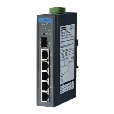 Advantech EKI-2706G-1GFPI Ethernet Switch - 5 Ports - 2 Layer Supported - Modular - 1 SFP Slots - 2 W Power Consumption - Optical Fiber, Twisted Pair - PoE Ports - Wall Mountable, DIN Rail Mountable - 5 Year Limited Warranty