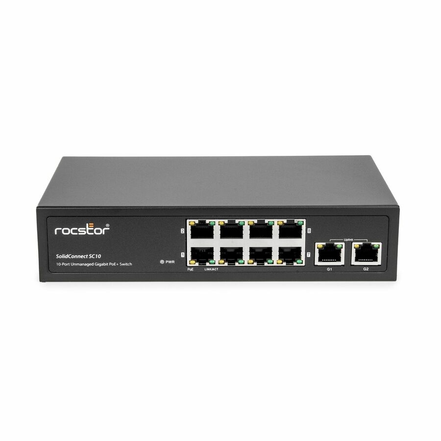 Rocstor 10-Port Gigabit Desktop Switch with 8-Port PoE+, 2x Gigabit RJ45 Uplink Port