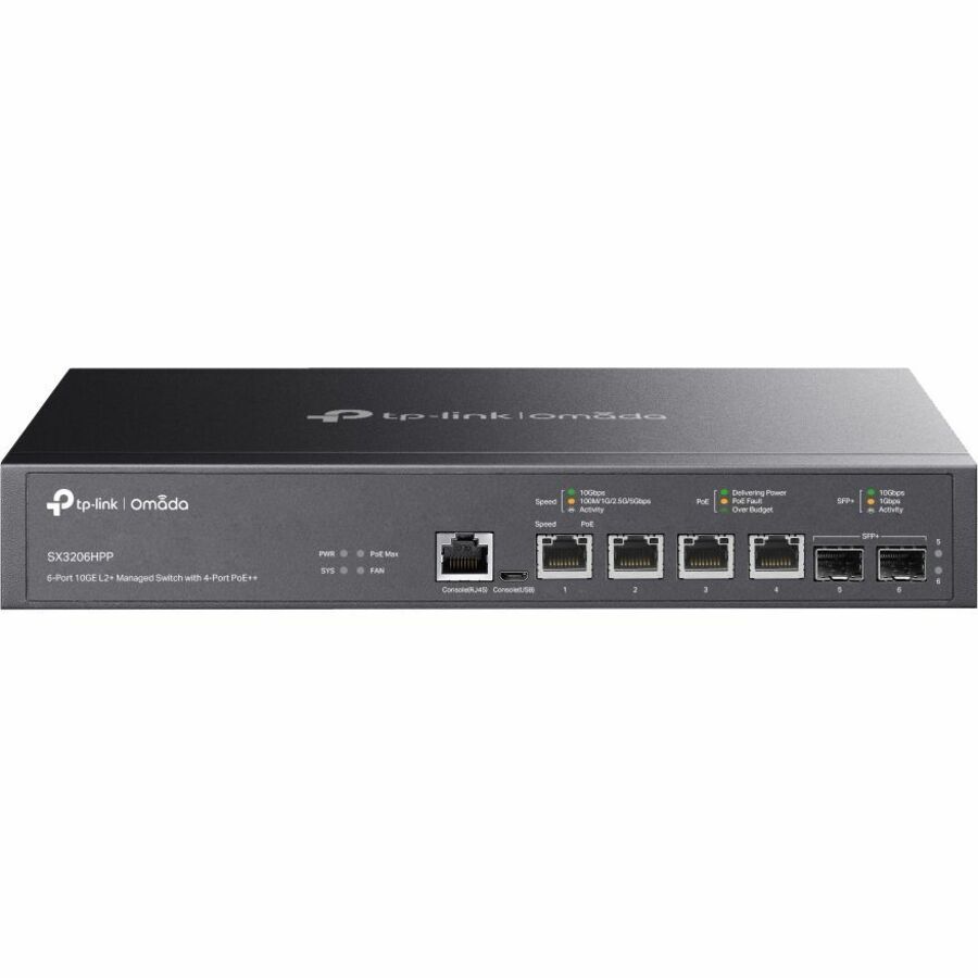 TP-Link Omada 6-Port 10GE L2+ Managed Switch with 4-Port PoE++ - 4 Ports - Manageable - 10 Gigabit Ethernet - 10GBase-T, 10GBase-X - 2 Layer Supported - Modular - 244.90 W Power Consumption - 200 W PoE Budget - Twisted Pair, Optical Fiber - PoE Ports - Rack-mountable, Desktop