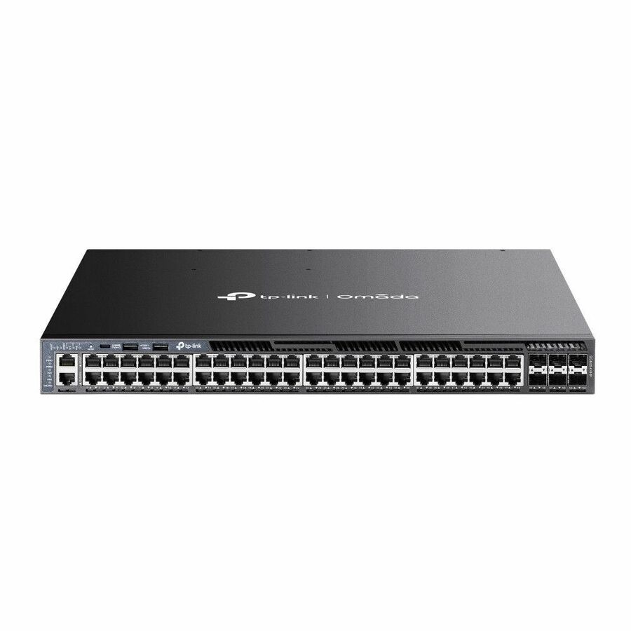 TP-Link Omada 48-Port Gigabit Stackable L3 Managed PoE+ Switch with 6 10G Slots - 48 Ports - Manageable - Gigabit Ethernet, 10 Gigabit Ethernet - 10/100/1000Base-T, 10GBase-X - 3 Layer Supported - Modular - 67.24 W Power Consumption - 1440 W PoE Budget - Twisted Pair, Optical Fiber - PoE Ports - Desktop, Rack-mountable