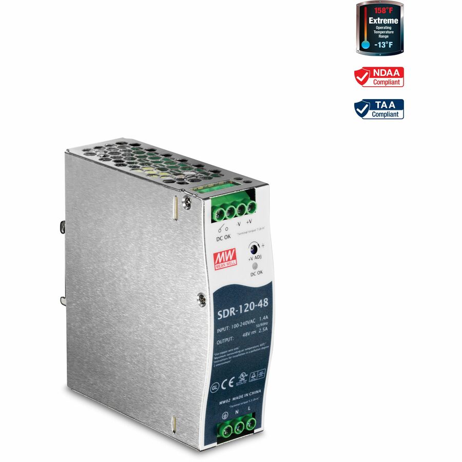 TRENDnet 120 W Single Output Industrial DIN-Rail Power Supply, Extreme -25 to 70 °C (-13 to 158 °F) Operating Temp, Power Supply 120W, DIN-Rail Mount, Overload Protection, Silver, TI-S12048