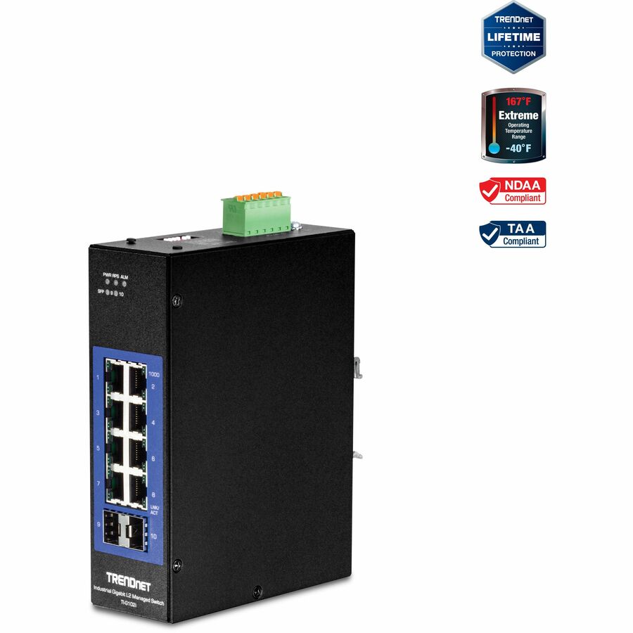 TRENDnet 10-Port Industrial Gigabit L2 Managed DIN-Rail Switch, TI-G102i, 8 X Gigabit, 2 X SFP Slots, DIN-Rail Mount, IP30, Ethernet Splitter, NDAA & TAA Compliant, Lifetime Protection, Black