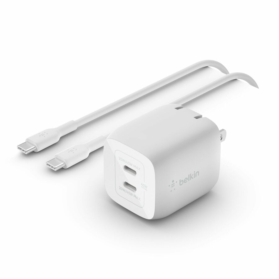 Belkin 45W Portable Dual Port GaN Wall Charger - 2xUSB-C (45W Total) - w/ USB-C to USB-C Cable - Fast Charging - Power Adapter - White