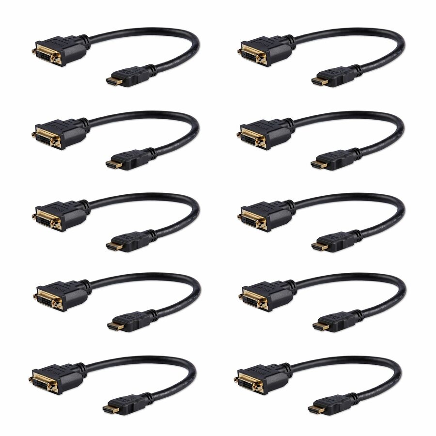 StarTech 8in (20cm) HDMI to DVI Adapter, DVI-D to HDMI (1920x1200p), 10 Pack, HDMI Male to DVI-D Female Cable, HDMI to DVI Cord, Black