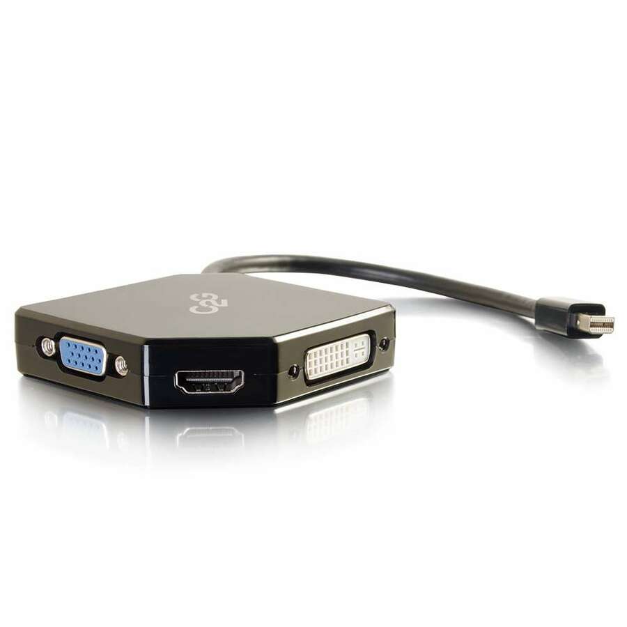 C2G Mini DisplayPort to HDMI, VGA, or DVI Adapter Converter - DVI/HDMI/Mini DisplayPort/VGA A/V Cable for Projector, Monitor, Audio/Video Device, Notebook, Tablet PC, HDTV - First End: 1 x Mini DisplayPort Digital Audio/Video - Male - Second End: 1 x HDMI Digital Audio/Video - Female, 1 x DVI-I Digital Video - Female, 1 x 15-pin HD-15 - Female - Supports up to 3840 x 2160 - Shielding - Nickel Plated Connector - Gold Plated Contact - 32 AWG - Black