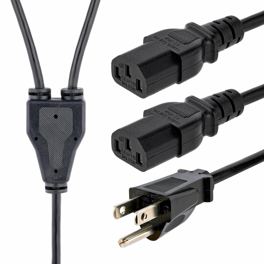 StarTech.com 10ft (3m) Computer Power Y Cord, NEMA 5-15P to C13, 10A 125V, 18AWG, Black Replacement PC Power Cord, TV/Monitor Power Cable - 10ft (3m) 18AWG flexible computer power Y cable w/ NEMA 5-15P and 2x IEC 60320 C13 connectors; Rated for 125V 10A; UL listed (UL62/UL817); Fully molded ends; 100% Copper Wire; Fire Rating: VW-1; Jacket Rating: SVT; Jacket Material: PVC