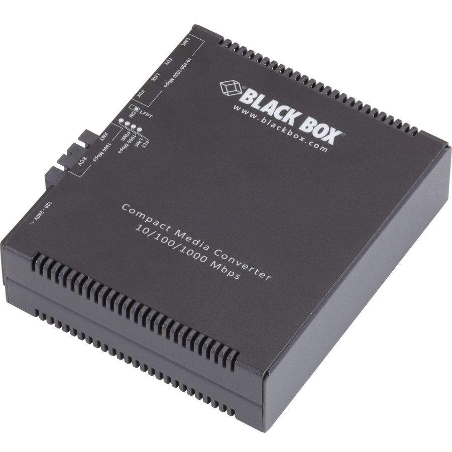 Black Box Gb ETH MED CONV 2-10/100/1000 COP 100/1000 MM FBR 850nm 0.5km SC - 2 x Network (RJ-45) - 1 x SC Ports - DuplexSC Port - Multi-mode - 850 nm Fiber - Gigabit Ethernet - 10/100/1000Base-T - 0.55 km - AC - TAA Compliant
