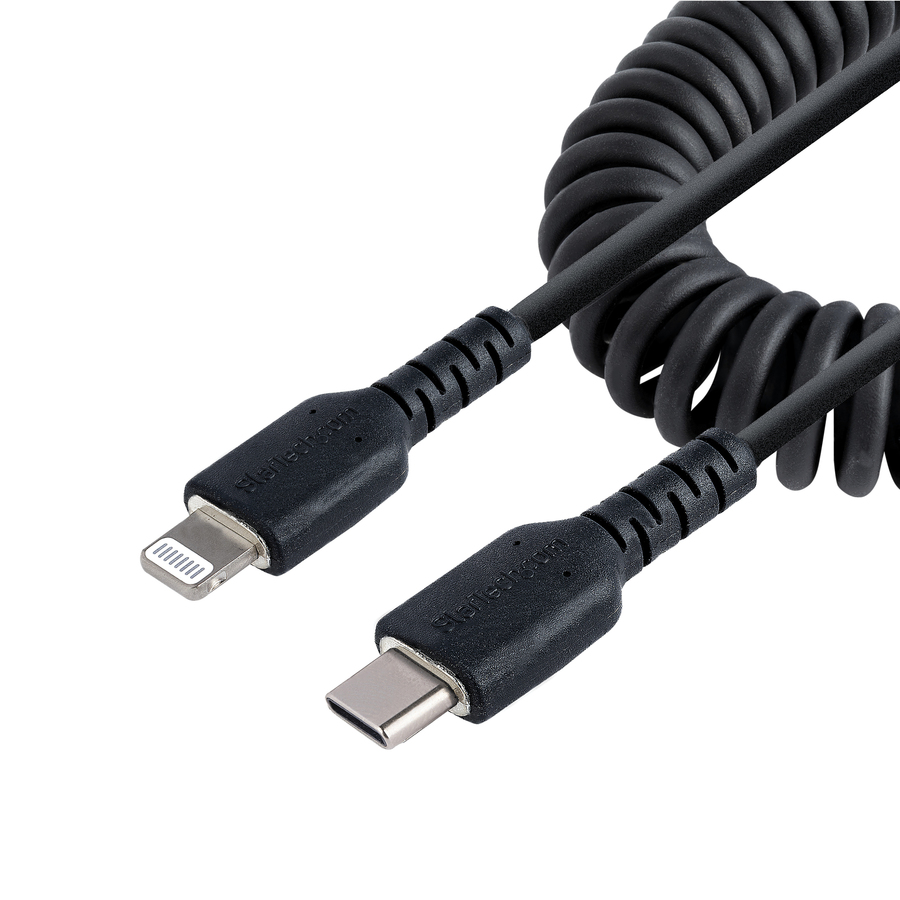 StarTech 1m (3ft) USB C to Lightning Cable, MFi Certified, Coiled iPhone Charger Cable, Black, Durable TPE Jacket Aramid Fiber