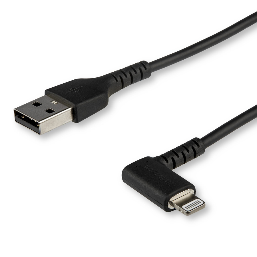 StarTech 2m USB A to Lightning Cable iPhone iPad Durable Right Angled 90 Degree Black Charger Cord w/Aramid Fiber Apple MFI Certified
