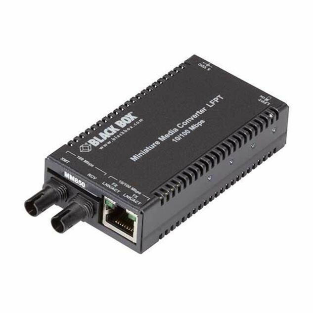 Black Box Multipower Miniature Transceiver/Media Converter - 1 x Network (RJ-45) - 1 x ST Ports - DuplexST Port - Multi-mode - 850 nm Fiber - Fast Ethernet - 10/100Base-T, 100Base-X - 0.50 km - Power Supply - Rack-mountable, Desktop - TAA Compliant