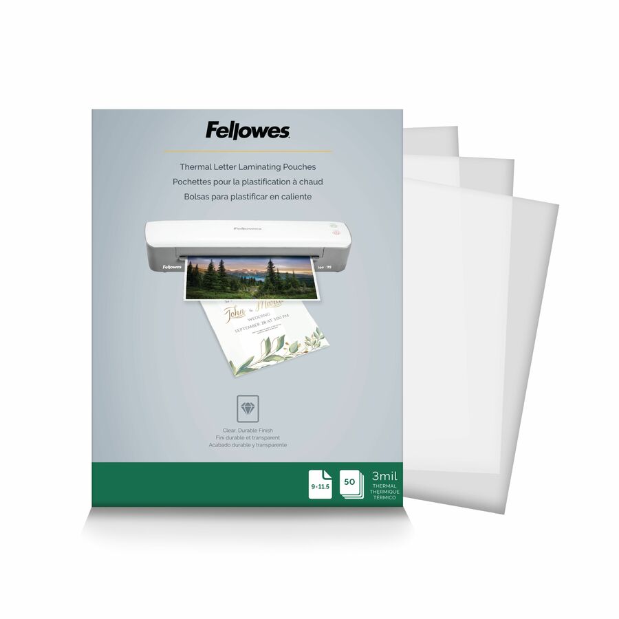 Fellowes Letter-Size Thermal Laminating Pouches - Sheet Size Supported: Letter 8.50" Width x 11" Length - Laminating Pouch/Sheet Size: 9" Width x 3 mil Thickness - Glossy - for Document - Photo-safe, Durable - Clear - 50 / Pack