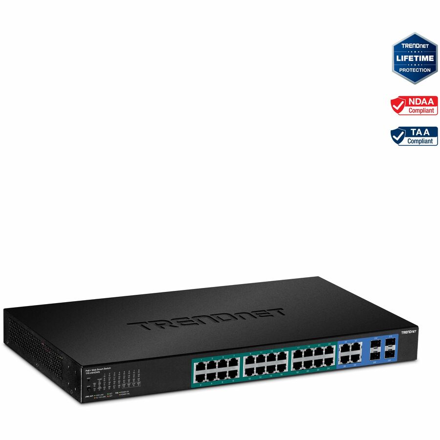 TRENDnet 28-Port Gigabit Web Smart PoE+ Switch, 24 x Gigabit Ports, 4 x Shared Gigabit Ports (RJ-45 or SFP), 185W PoE Budget, 56Gbps Switching Capacity, Lifetime Protection, Black, TPE-2840WS