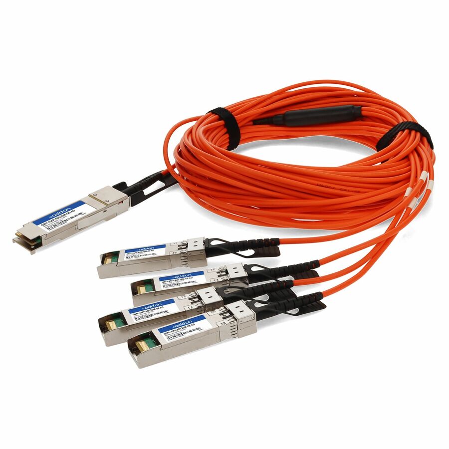 AddOn MSA and TAA Compliant 40GBase-AOC QSFP+ to 4xSFP+ Orange Active Optical Cable (850nm, MMF, 20m)