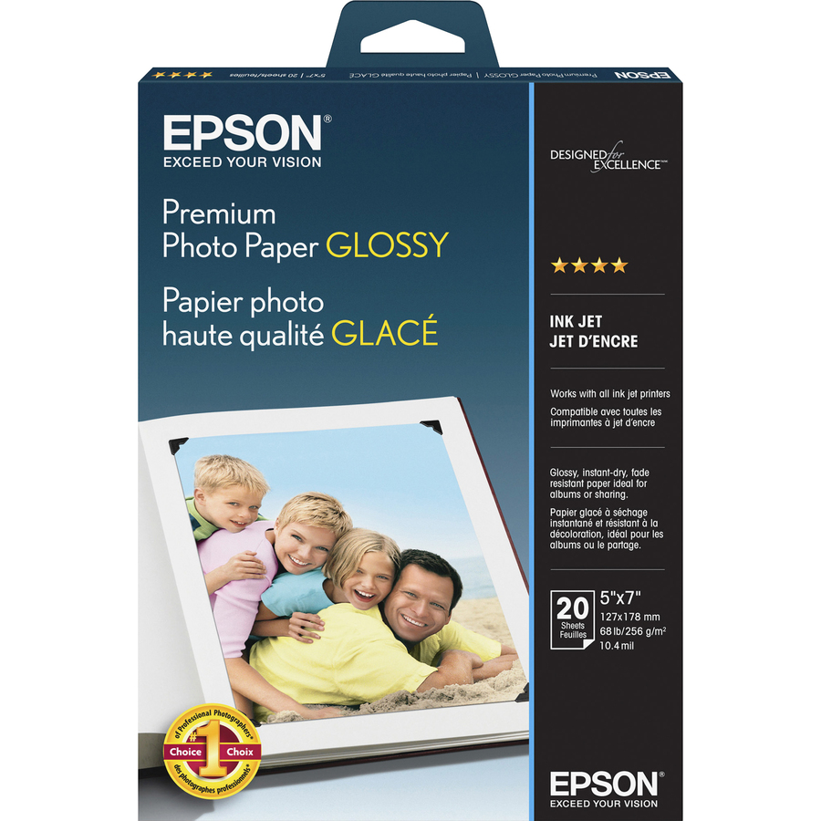 Epson Borderless Premium Photo Paper - 92 Brightness - 97% Opacity - 5" x 7" - 68 lb Basis Weight - High Gloss - White - 20 / Pack