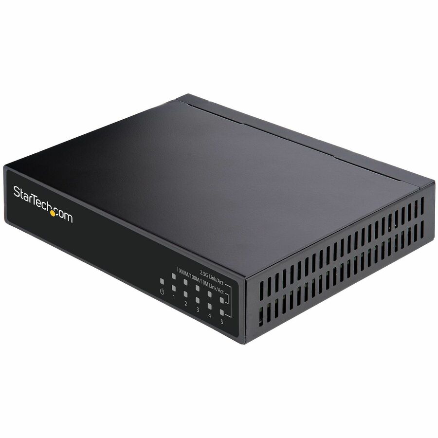 StarTech.com Unmanaged 2.5G Switch, 5 Port 2.5GBASE-T Unmanaged Ethernet Switch, Din Rail | Wall Mount, Multi-Gigabit, Auto-MDIX, 9K Jumbo - Support for 2.5GBASE-T - 5 port network switch supports 10/100/1000/2500 Mbps over Ethernet Cat5e/Cat6/Cat6a - Unmanaged switch requires no setup | All-metal; Wall mount kit; K-slot | 0-50C temp | 9K Jumbo | Auto-MDIX | Diagnostic LEDs | Fanless