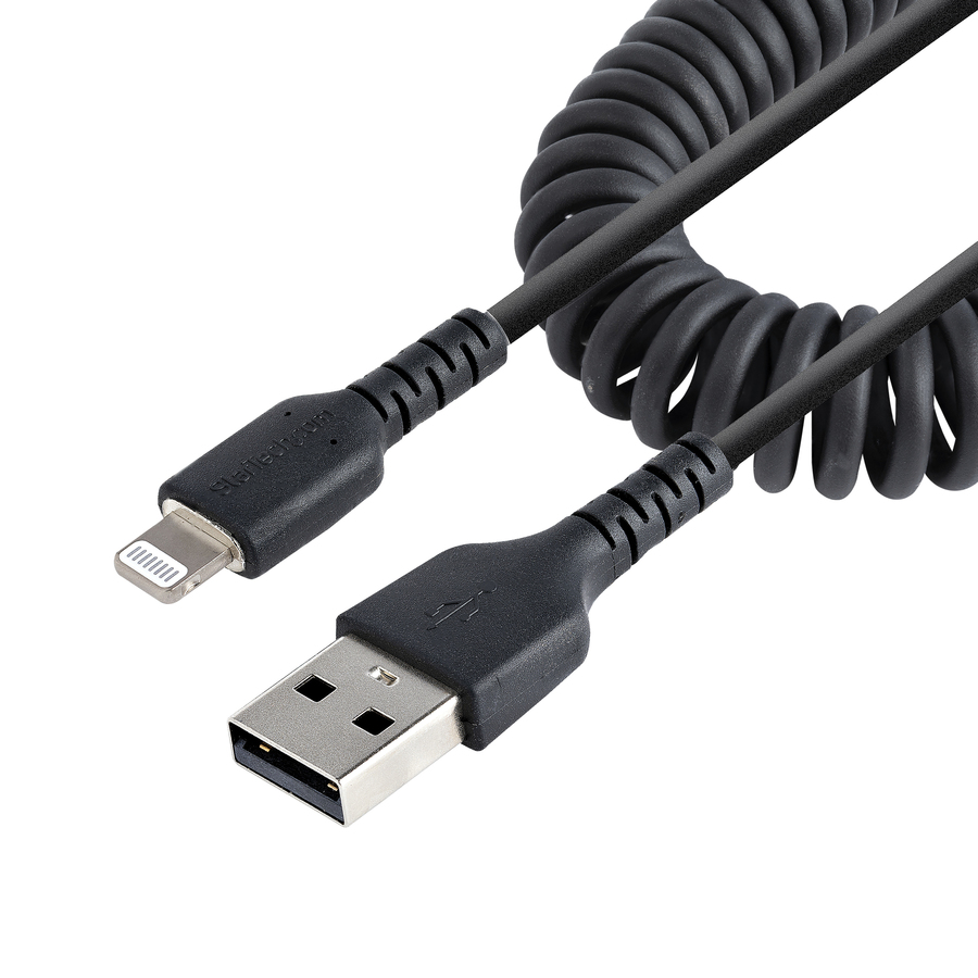 StarTech 50cm/20in USB to Lightning Cable, MFi Certified, Coiled iPhone Charger Cable, Black, Durable TPE Jacket Aramid Fiber