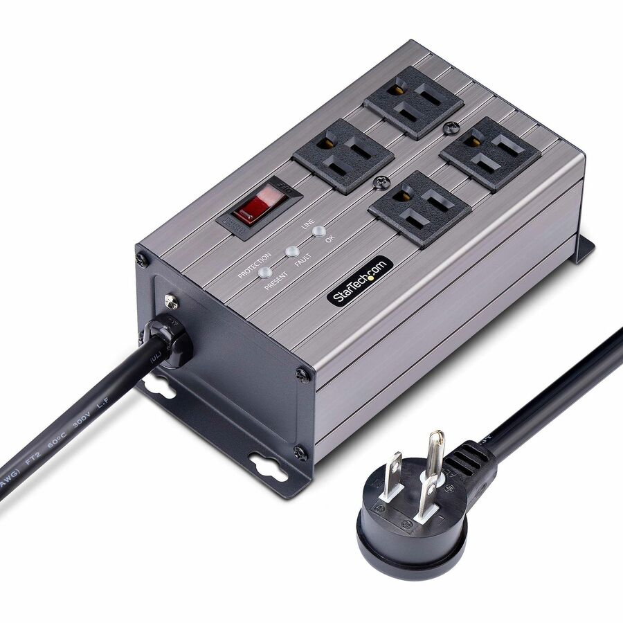 StarTech 4-Outlet Industrial Power Strip 125V/15A, EMI/RFI Isolation, Surge Prot., Mountable PDU, 8ft NEMA 5-15P Cord, UL Listed, TAA