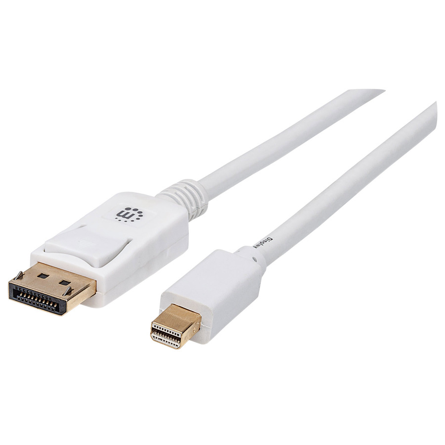 Manhattan Mini DisplayPort Monitor Cable - 3.28 ft DisplayPort/Mini DisplayPort A/V Cable for Desktop Computer, Notebook, Audio/Video Device - First End: 1 x 20-pin Mini DisplayPort 1.2 Digital Audio/Video - Male - Second End: 1 x 20-pin DisplayPort 1.2 Digital Audio/Video - Male - 17.3 Gbit/s - Supports up to 4096 x 2160 - Shielding - Gold Plated Contact - 32 AWG - White