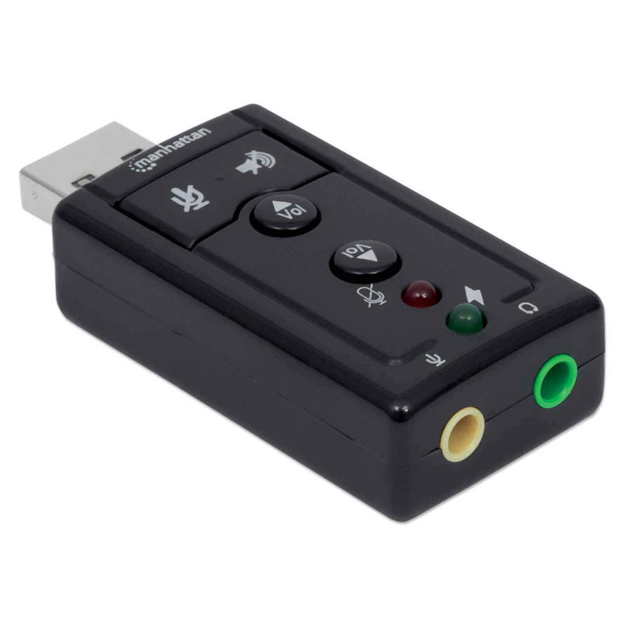 USB-A Sound Adapter, USB-A to 3.5mm Mic-in and Audio-Out ports, 480 Mbps (USB 2.0), 7.1-Channel Virtual 3D Surround Sound, Internal Amplifier and Volume Controls, Hi-Speed USB, Three Year Warranty, Equivalent to ICUSBAUDIO7.