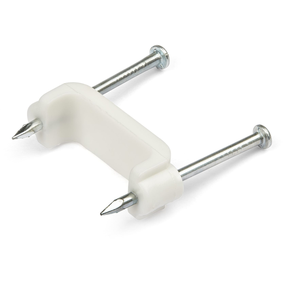 StarTech.com 100 Pack Cable Clips with Nails - Two Steel Nails - Reusable Nail-in Clamps - Cord Mounting Clips/Fasteners/Tacks White - TAA - Large nail in cable clips with internal dimensions of 18.7 mm x 8.0 mm (0.74 in x 0.31 in) - Easily install/remove/reuse w/ included steel nails - Secure cables to baseboards/wood/drywall/brick for an uncluttered look - 100 pack white plastic clips