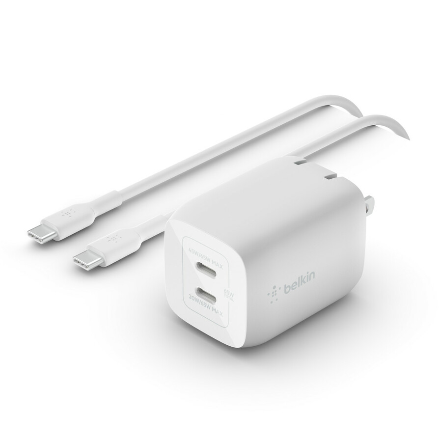 Belkin 65W Portable Dual Port GaN Wall Charger - 2xUSB-C (65W Total) - w/ USB-C to USB-C Cable - Fast Charging - Power Adapter - White - 65 W - White