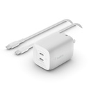 Belkin 65W Portable Dual Port GaN Wall Charger - 2xUSB-C (65W Total) - w/ USB-C to USB-C Cable - Fast Charging - Power Adapter - White - 65 W - White