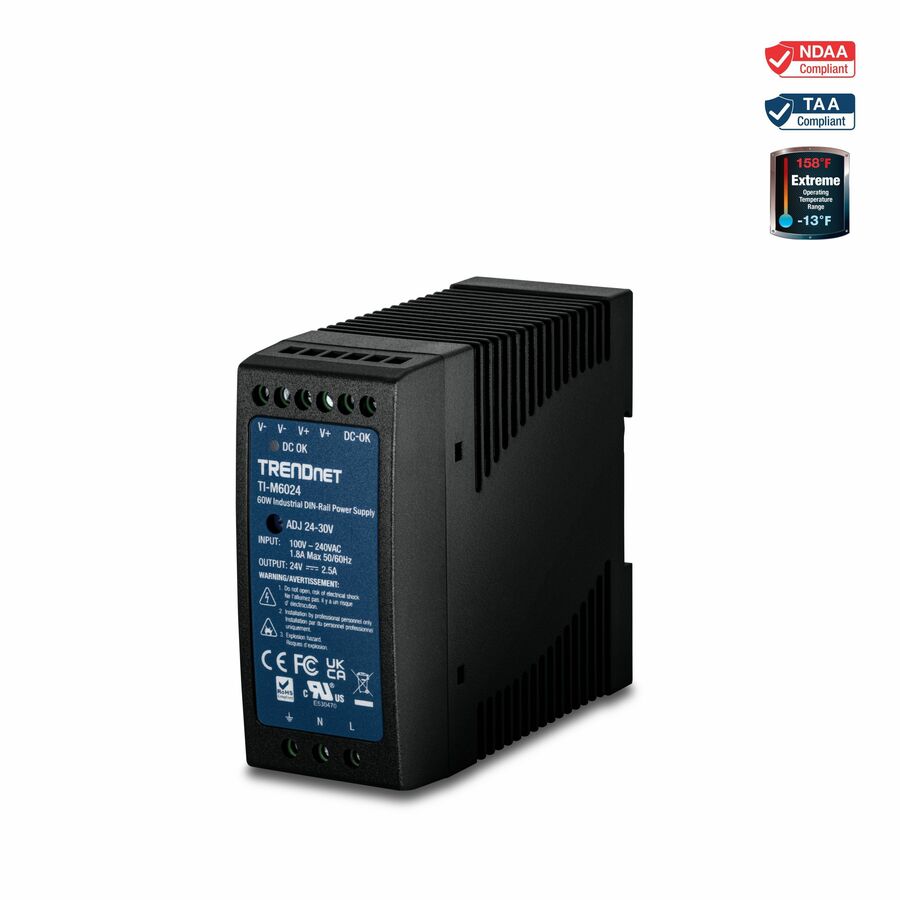 TRENDnet TI-M6024, 60W, 24V DC, 2.5A AC to DC DIN-Rail Power Supply