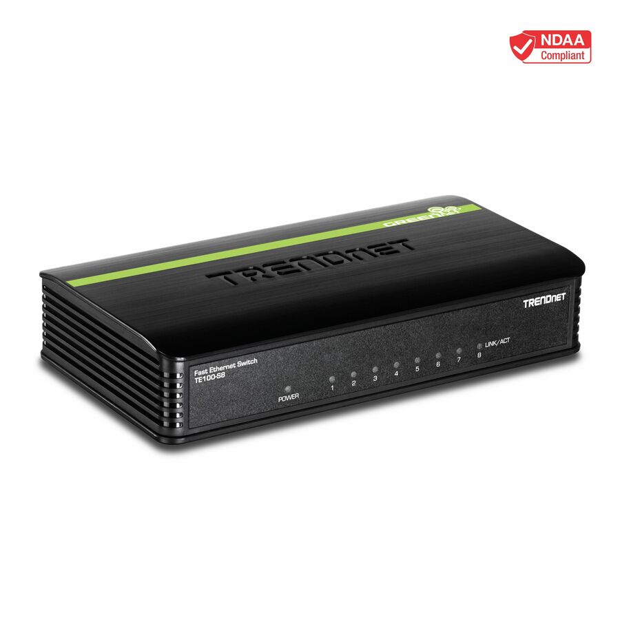 TRENDnet 8-Port Unmanaged 10/100 Mbps GREENnet Ethernet Desktop Switch; TE100-S8; 8 x 10/100 Mbps Ethernet Ports; 1.6 Gbps Switching Capacity; Plastic Housing; Network Ethernet Switch; Plug & Play