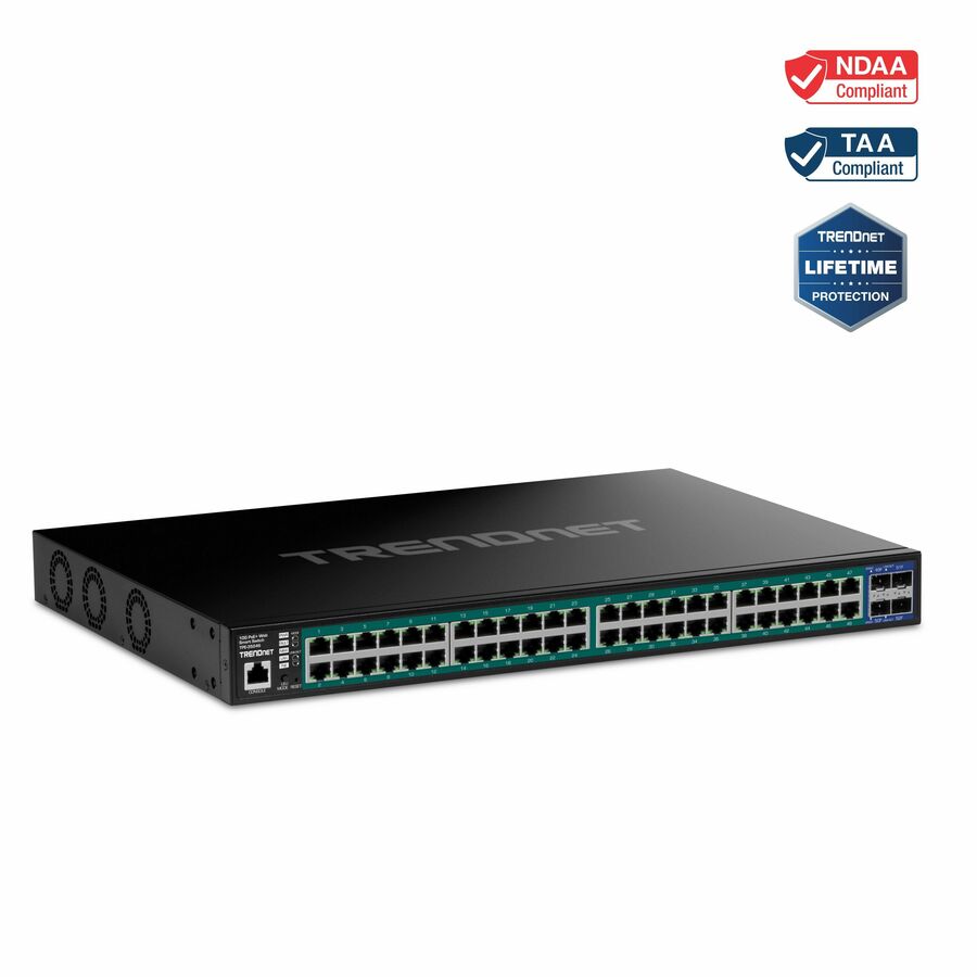 TRENDnet 52-Port Gigabit Web Smart PoE+ Switch with 10G SFP+ Ports, TPE-3524S, 410W PoE Power Budget, 176Gbps Switching Capacity, NDAA & TAA Compliant, Ethernet Splitter, Lifetime Protection, Black