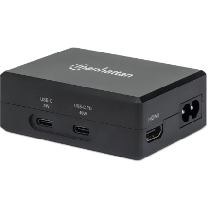 Manhattan Smart Video Multiport Dock, Ports (x5): HDMI Port, USB-A (x2), USB-C (x2), With Power Delivery to USB-C Port, Internal Power Supply, Ultra-Compact, Detachable Power Cable, Black, Three Year Warranty, Retail Box
