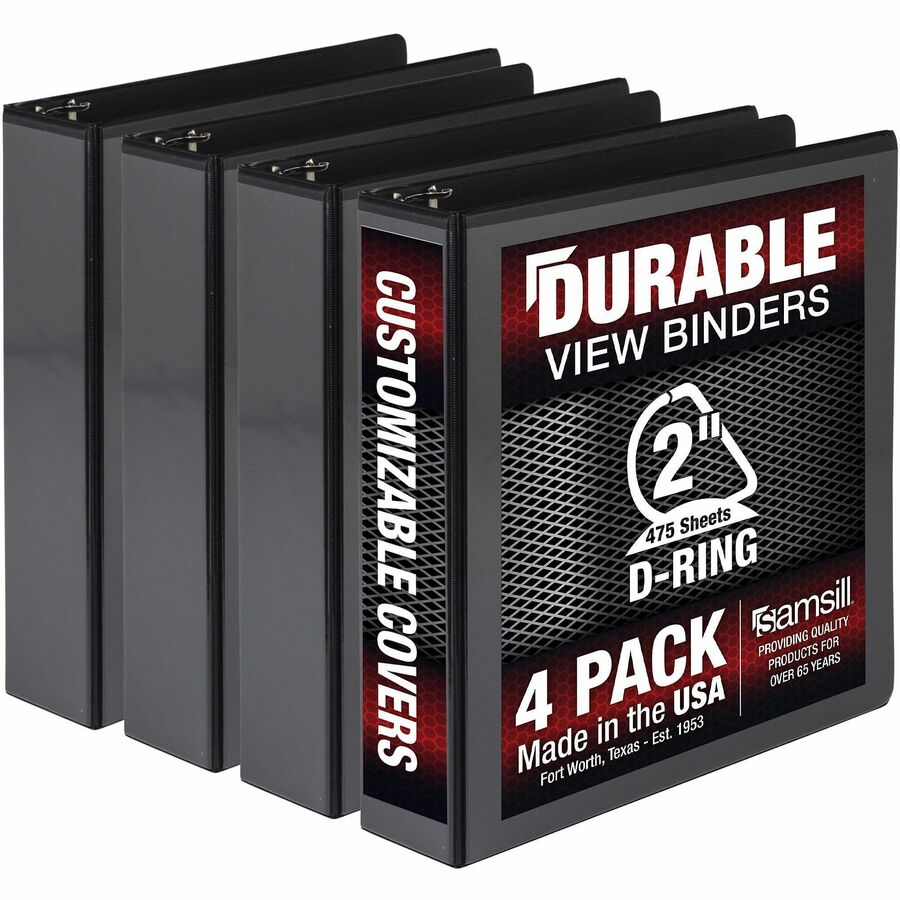Samsill Ring Binder - Letter - 8 1/2" x 11" Sheet Size - 3 x 2" Ring(s) - Fastener(s): D-Ring - Pocket(s): 2, Internal - Black - Durable, Clear Overlay, Non-stick, Transfer Safe, Copy Safe, Wear Resistant, Tear Resistant - 4 Pack
