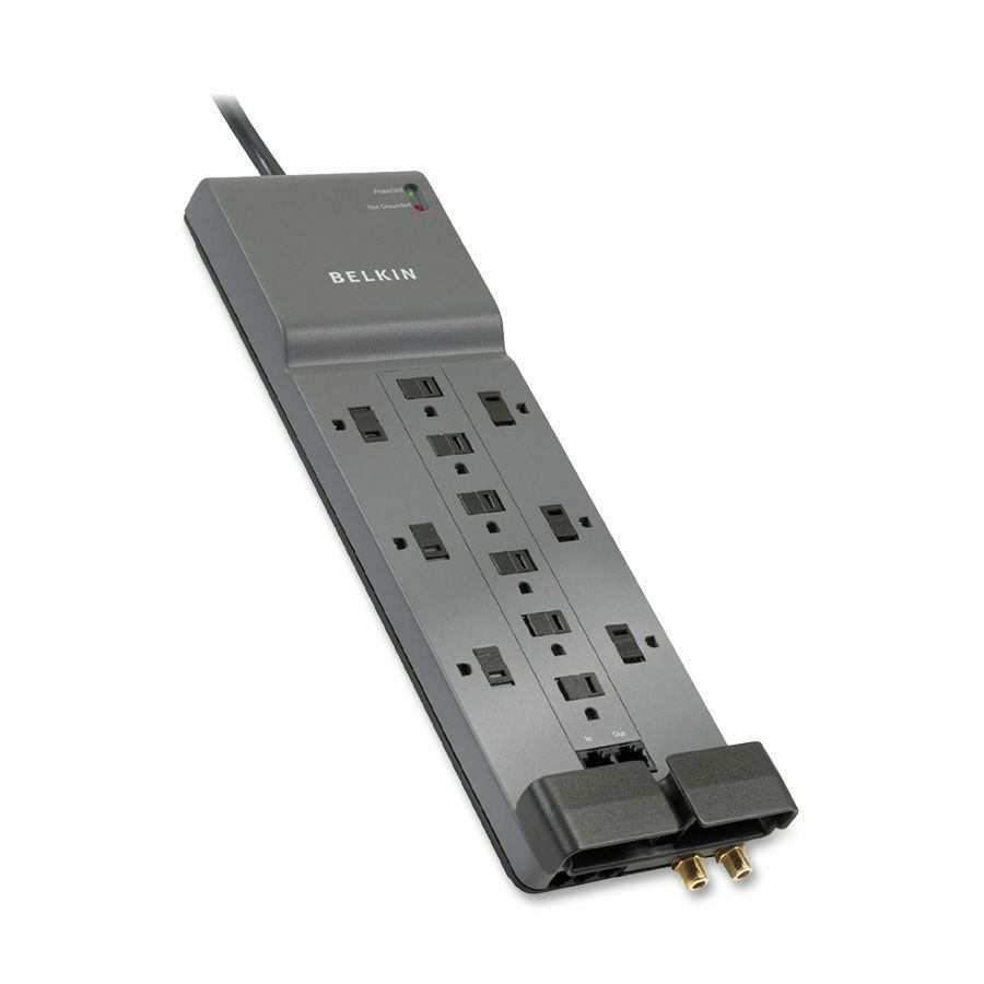 Belkin 12-Outlet Surge Protector - 10ft Cord - Right Angle Plug - 4120J - Telephone, Coaxial Protection - Grey