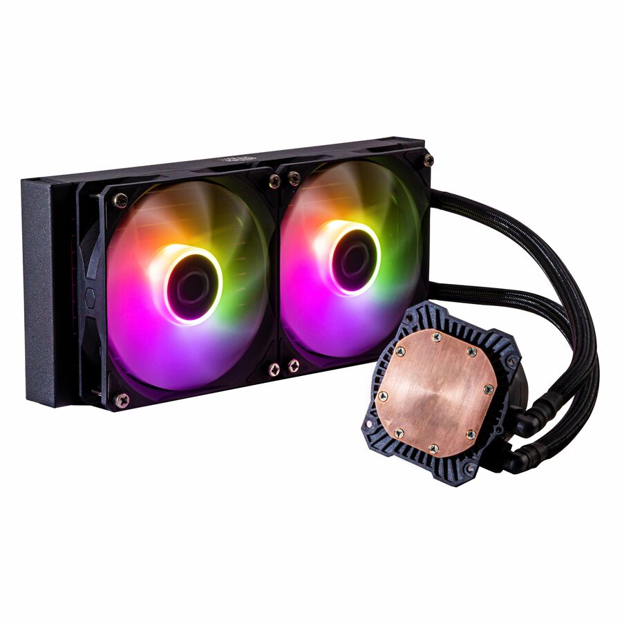 Cooler Master MasterLiquid 240L Core ARGB Cooling Fan/Radiator/Pump - 4.72" Maximum Fan Diameter - 2 x Fan(s) - 71.93 CFM Maximum Airflow - 1750 rpm - Liquid Cooler Cooler - Rifle Bearing - 4-Pin (PWM), 3-Pin - Compatible Intel Socket: LGA-1700, LGA-1200, H4 LGA-1151, H3 LGA-1150, H2 LGA-1155, H LGA-1156 - Compatible AMD Socket: AM5, AM4, AM3 PGA-941, FM2, AM2 PGA-940, AM2+ PGA-940, AM3+ - ARGB LED - Black - Aluminum Radiator - Processor, CPU - 18.3 Year Life