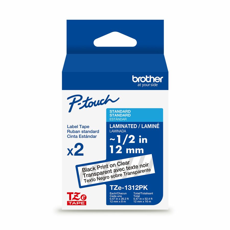 Brother Genuine P-touch TZe1312PK BK on CLR Label Tapes, Laminated, 12mmX8m each