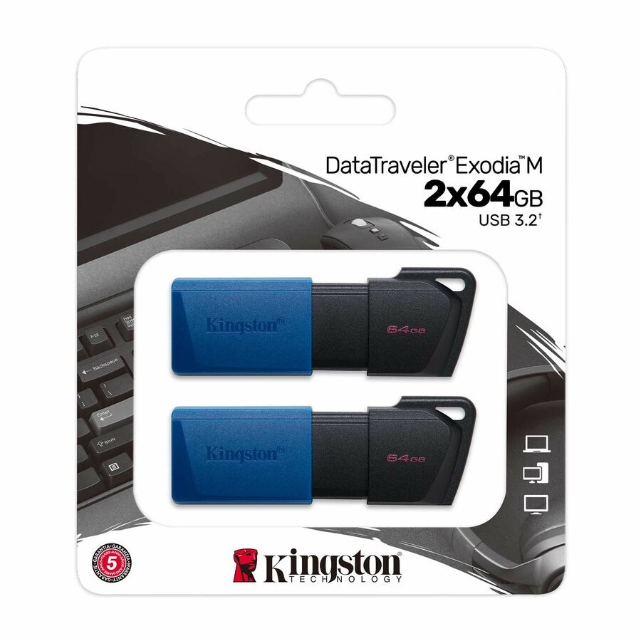 Kingston DataTraveler Exodia M 64GB USB 3.2 (Gen 1) Type A Flash Drive - 64 GB - USB 3.2 (Gen 1) Type A - Blue, Black - 5 Year Warranty - 2 / Pack