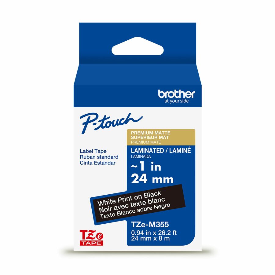 Brother Genuine P-touch TZeM355 WHT on BK Label Tape, Premium Matte Laminated, 24mmX8m