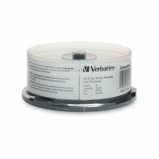 A stack of blank white discs is stored vertically in a clear plastic spindle case with a black base, displaying product information on its side.