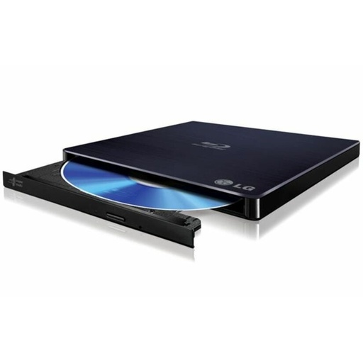 A dark, rectangular external optical drive has its disc tray ejected, revealing a blue disc partially inserted, sitting on a reflective white surface.