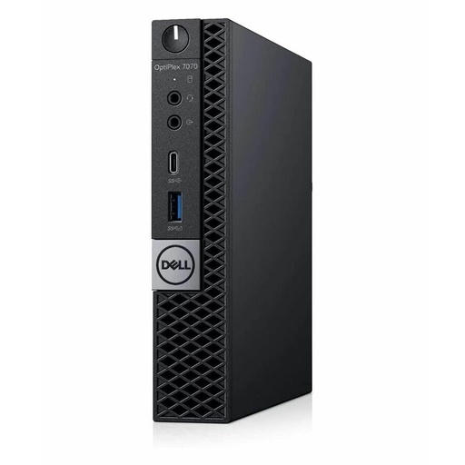A black mini PC desktop computer stands upright, angled slightly to the left, displaying its front ports and a textured side panel, against a plain white background.