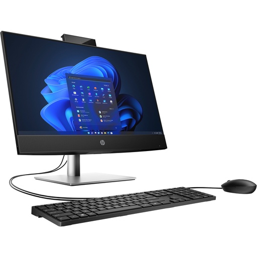 A black all-in-one desktop computer with a screen displaying a dark blue operating system, accompanied by a black keyboard and mouse, is angled on a white background.