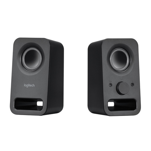 Two dark gray desktop speakers stand upright, angled slightly. Each features a speaker cone and a bass port. One speaker also displays a volume knob and headphone jack on its front, against a white background.